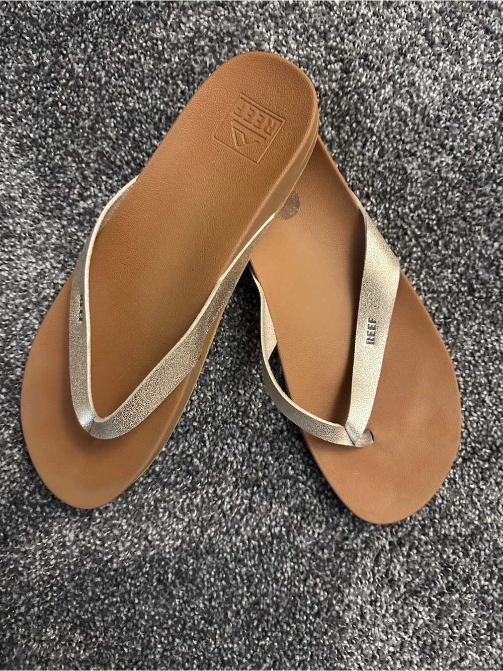 Reef Women's Tan Footbed Flip Flops with Metallic Gold Straps